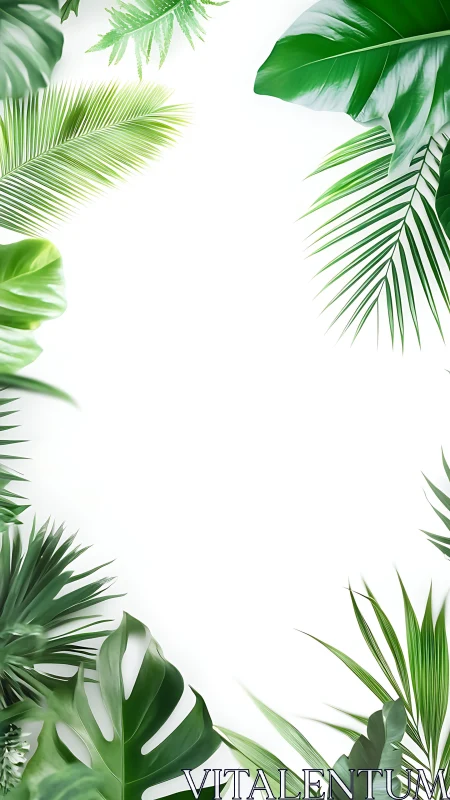 Green tropical foliage border surrounding white background.