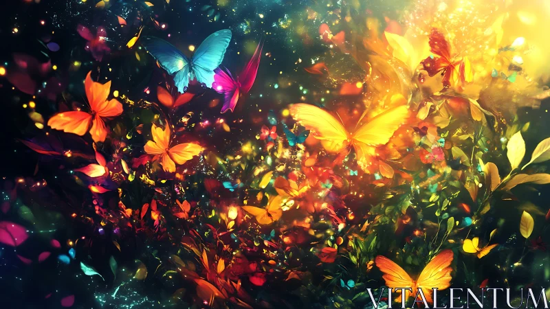 Shimmering butterflies drift through glowing midnight blossoms