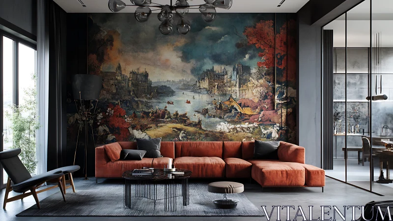 Modern living room with large classical mural backdrop.