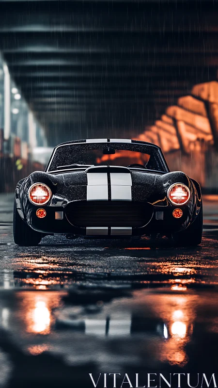 Midnight muscle roadster prowls a rain‑slicked city tunnel.