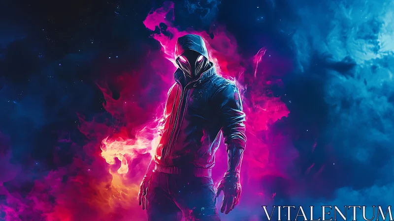Hooded figure in neon flames against deep cosmic void.