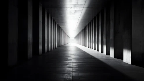 Symmetrical corridor recedes toward a distant light source.