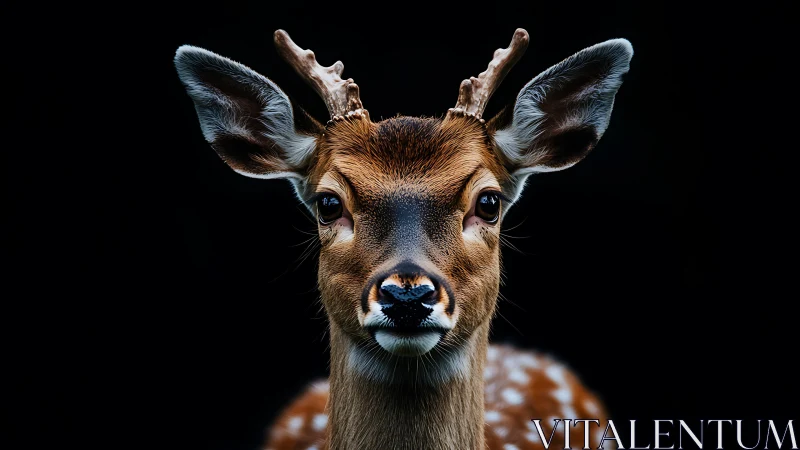 Deer faces camera in sharp frontal portrait on black background
