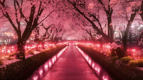Neon-kissed cherry blossom tunnel over a glowing canal night.