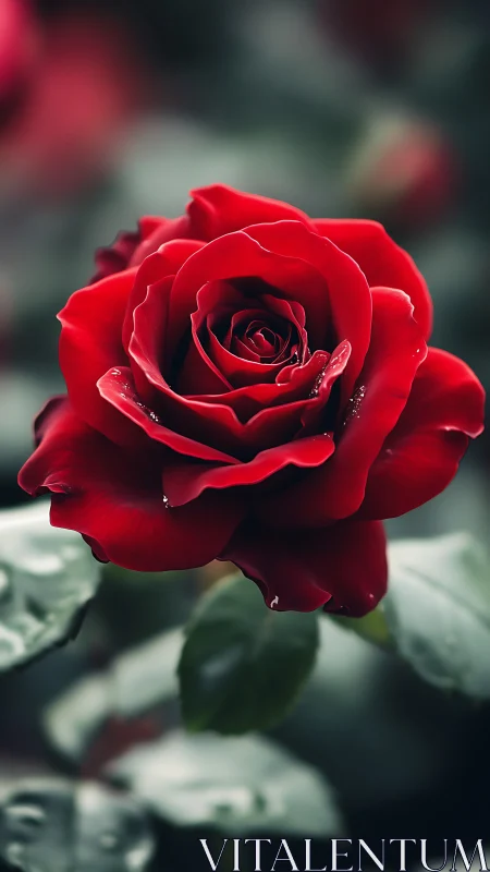 Deep Red Rose Bloom with Water Droplets.