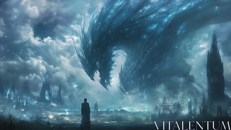 Storm dragon over futuristic city skyline at dusk.