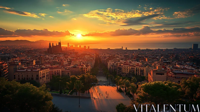 Sunlit Barcelona skyline glows warmly over an evening avenue
