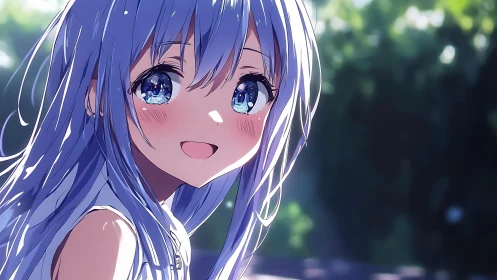 Sunlit blue haired girl laughs softly into summer air