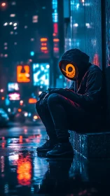 Hooded figure with neon mask in rainy urban night scene.