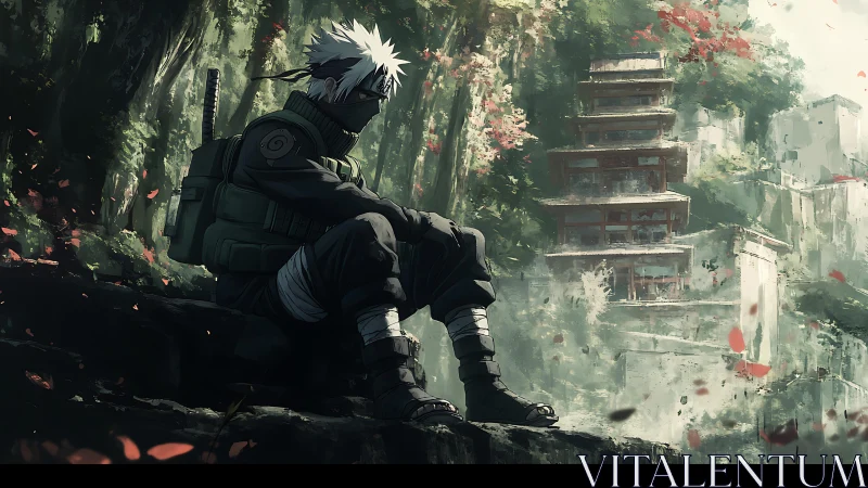 Anime warrior in contemplative pose within forest pagoda ruins.