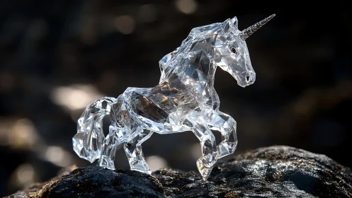 Crystal unicorn figurine stands on dark wet rocks outdoors