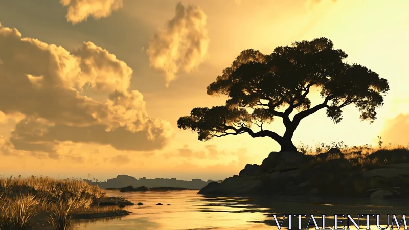 Golden sunset gently cradles a lone tree by the water