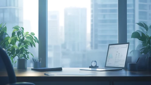 Modern Office Workspace Overlooking City Skyline at Dawn