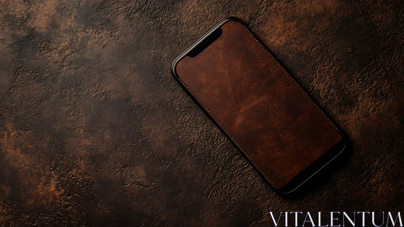 Dark Smartphone on Textured Rust-Colored Stone Surface.