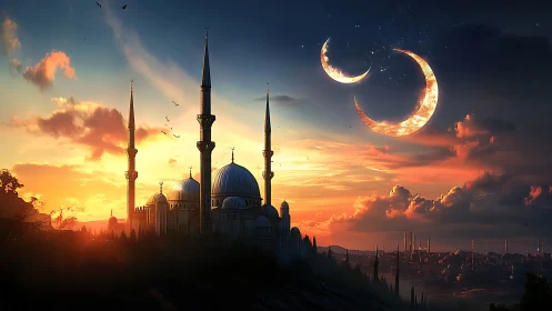 Fantasy mosque skyline under twin crescent moons at dusk.