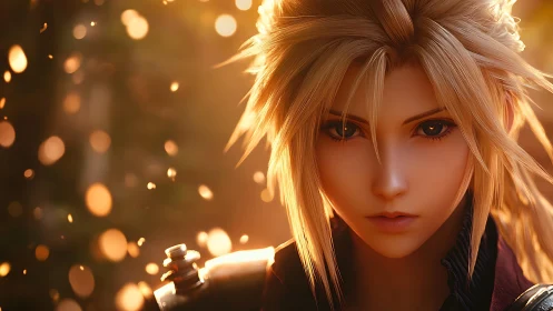 Blond anime character portrait in warm bokeh light.