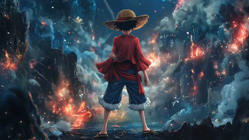 Anime figure facing erupting cliffs in vivid night seascape.