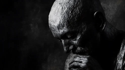 Brooding stone bust leans into shadowed, introspective silence