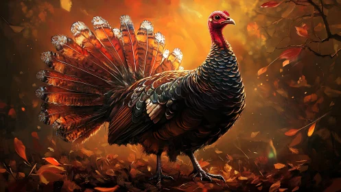 Proud autumn turkey glowing in warm golden forest light.