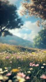 Wildflower meadow extends toward distant hills in soft focus