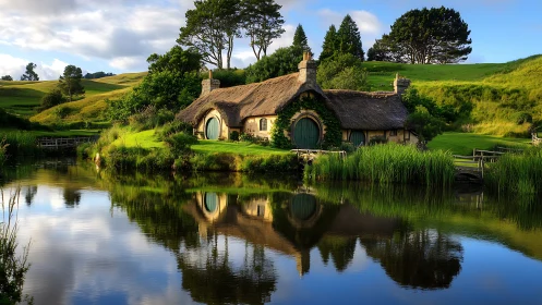 Thatched hobbit-style cottage reflects in calm rural pond surface