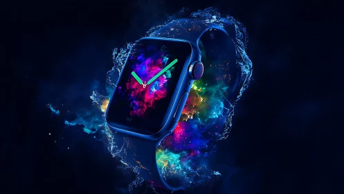 Smartwatch explodes with neon color in liquid light halo.