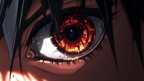 Burning red anime eye reflects inner turmoil and power