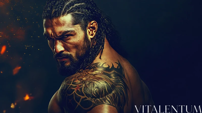 Brooding warrior portrait under ember-lit shadows.