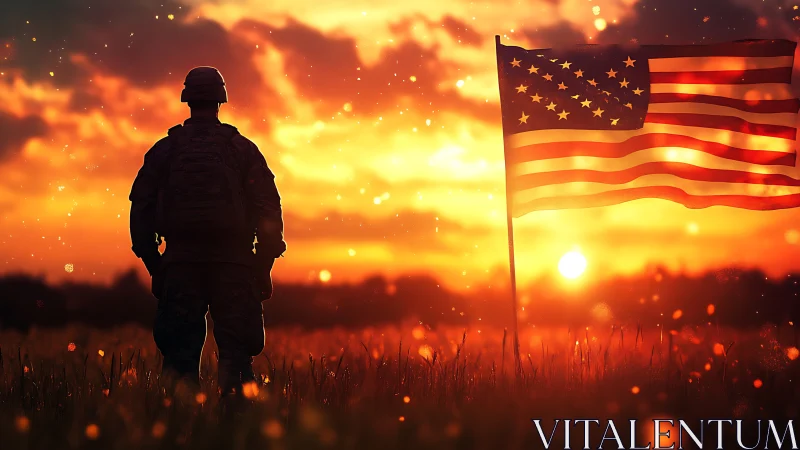 Silhouetted soldier observes American flag against radiant sunset