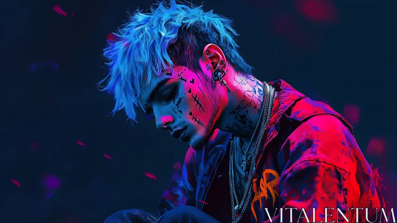 Neon-lit cyberpunk portrait shows tattooed youth in profile