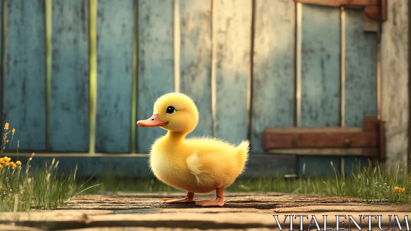 Photorealistic Yellow Duckling in Rustic Farmyard Setting