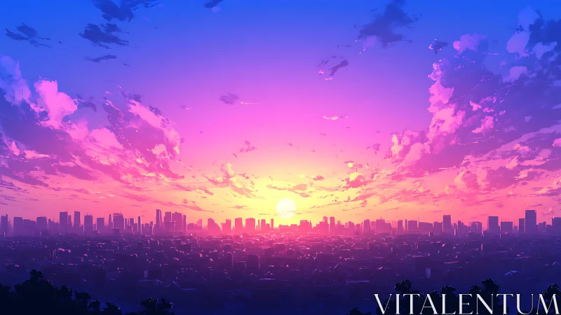 Radiant city sunset glowing with dreamy pink and violet skies.