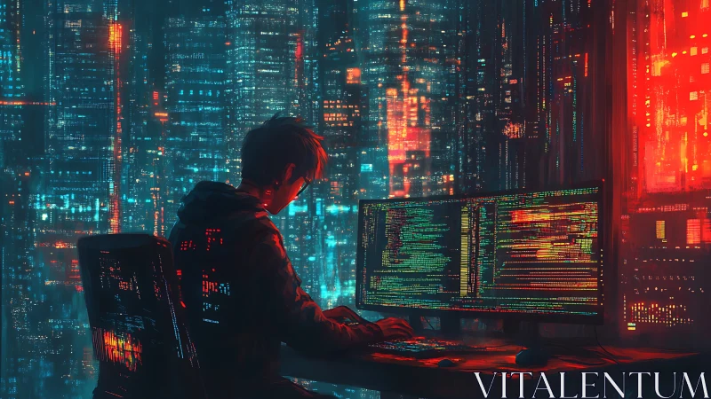Neon-soaked coder at ultrawide desk in cyberpunk skyline.