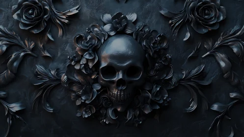 Glossy black skull relief with baroque floral ornament cluster