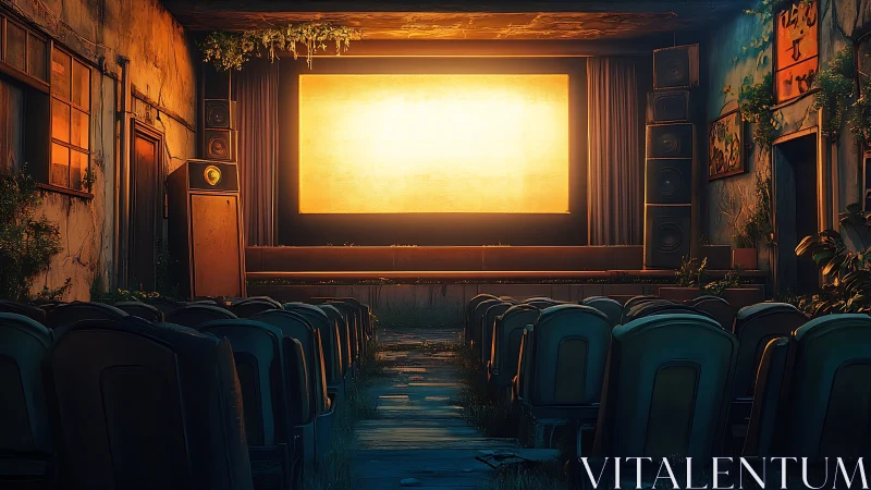 Glowing empty screen illuminates an overgrown abandoned cinema