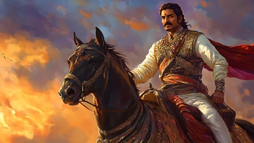 Warrior prince on horse against blazing sunset sky.