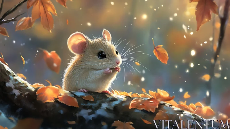 Small autumn mouse studies falling leaves on glowing branch