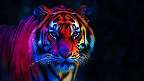 Neon tiger portrait glows against deep midnight shadows.