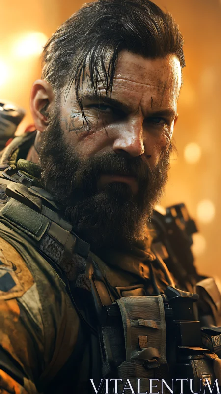 Battle-hardened soldier in warm cinematic portrait light.
