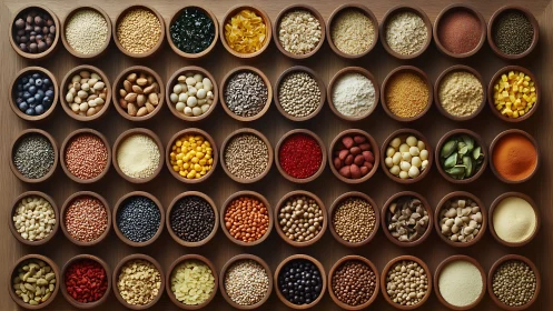 Symphony of grains and seeds in meticulously ordered bowls.