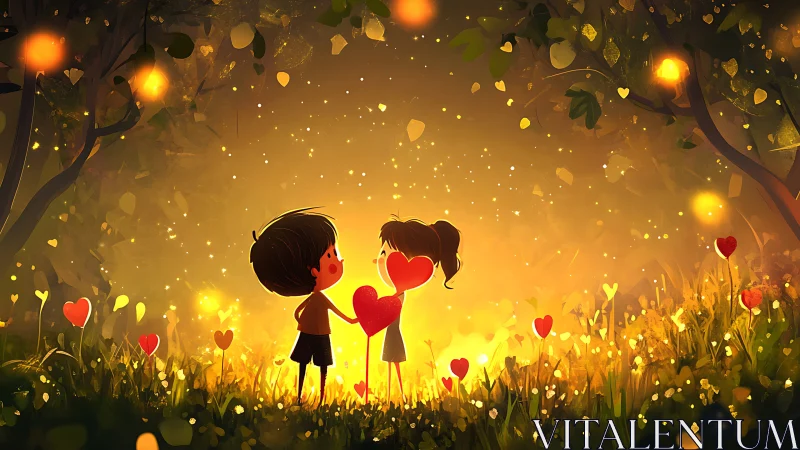 Two Children Share Hearts Under Golden Lights.