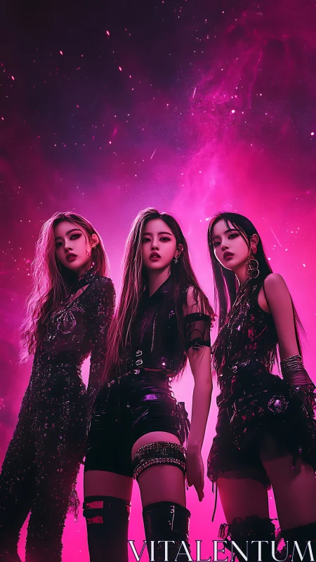Neon-saturated cyber trio under magenta stellar nebula field.