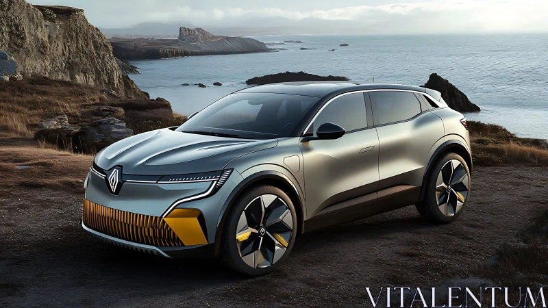 Photorealistic electric SUV render in coastal landscape lighting.