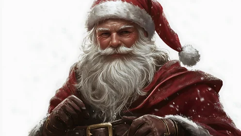 Jolly Santa Claus smiles warmly in a softly falling snowfall