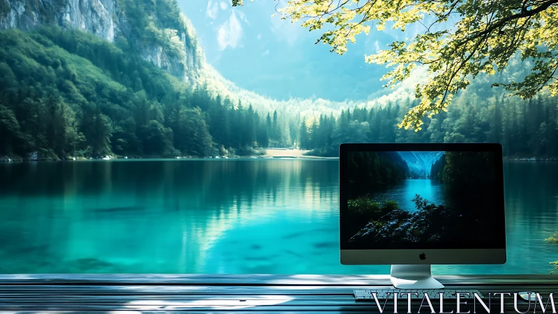 Desktop workstation contrasts hyperreal alpine lake panorama