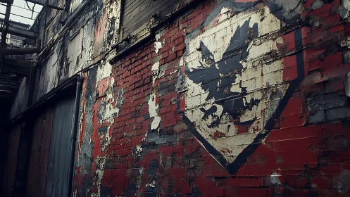 Faded eagle emblem on distressed red brick factory wall.