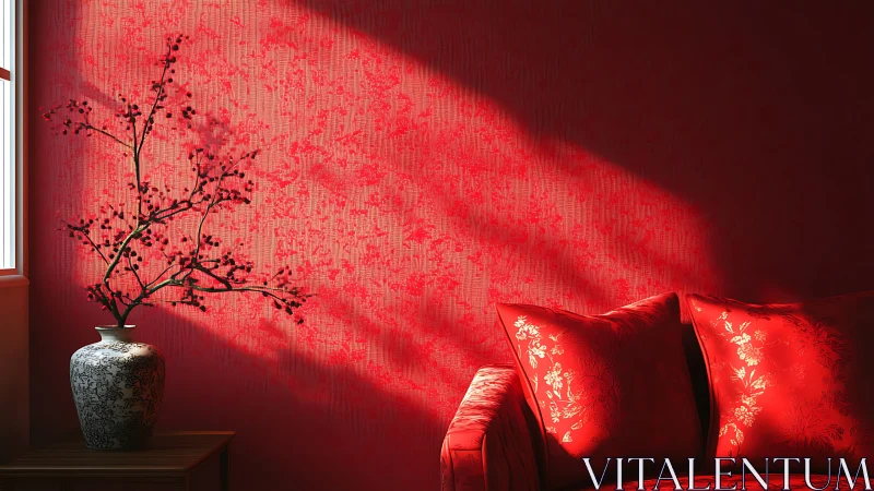 Red interior with vase, sofa cushions and window light.