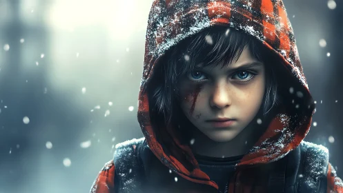Child in Snow: Striking Portrait with Haunting Blue Eyes