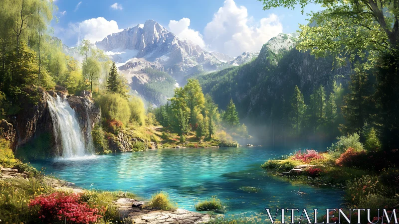 Radiant alpine lake beneath towering sunlit mountains.