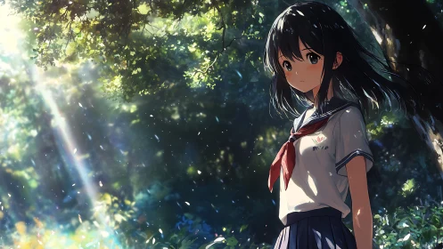 Quiet afternoon pause with a schoolgirl in gentle forest light.